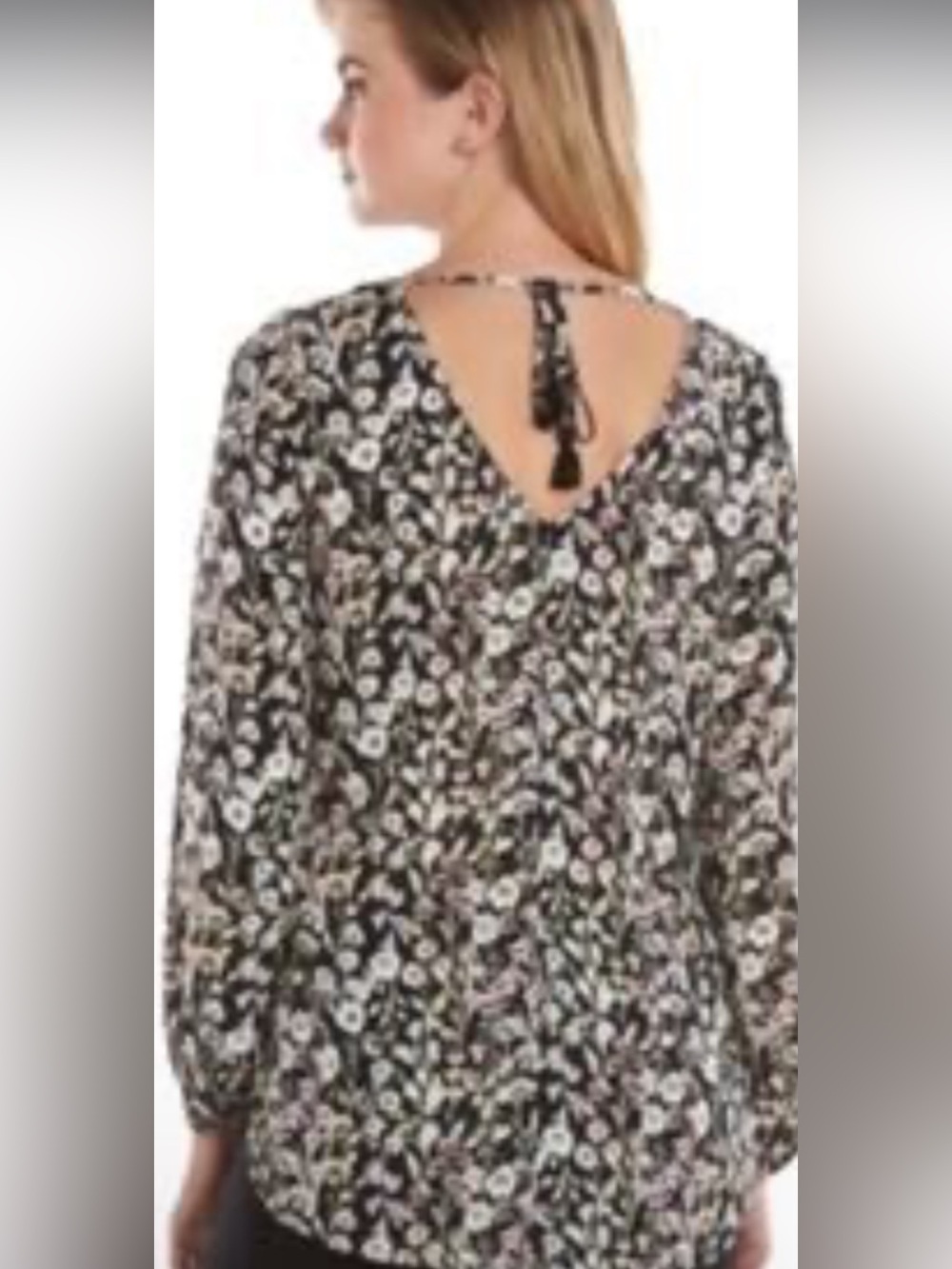 LC Lauren Conrad Black & White Floral V-Back Tie Blouse